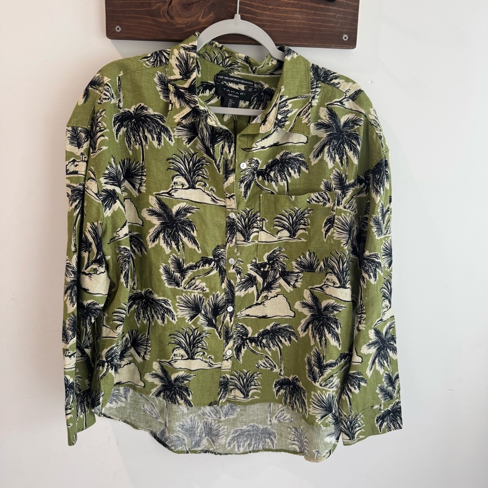 NWT Tahari 100% Linen Green Tropical Palm Printed‎ Button Up Top Large